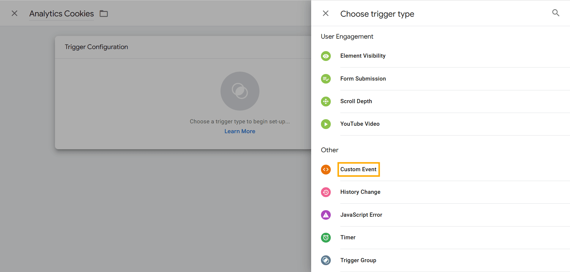 Select Custom Event for Analytics